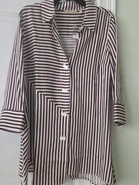 Soft Surroundings Burgundy and White Striped Button-Up Top